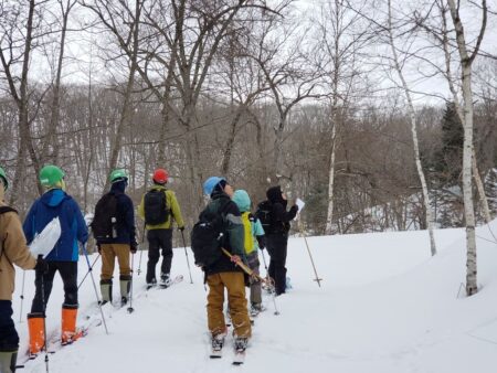研究林内林道を山スキーで移動しながら見かける樹木の同定練習をする様子